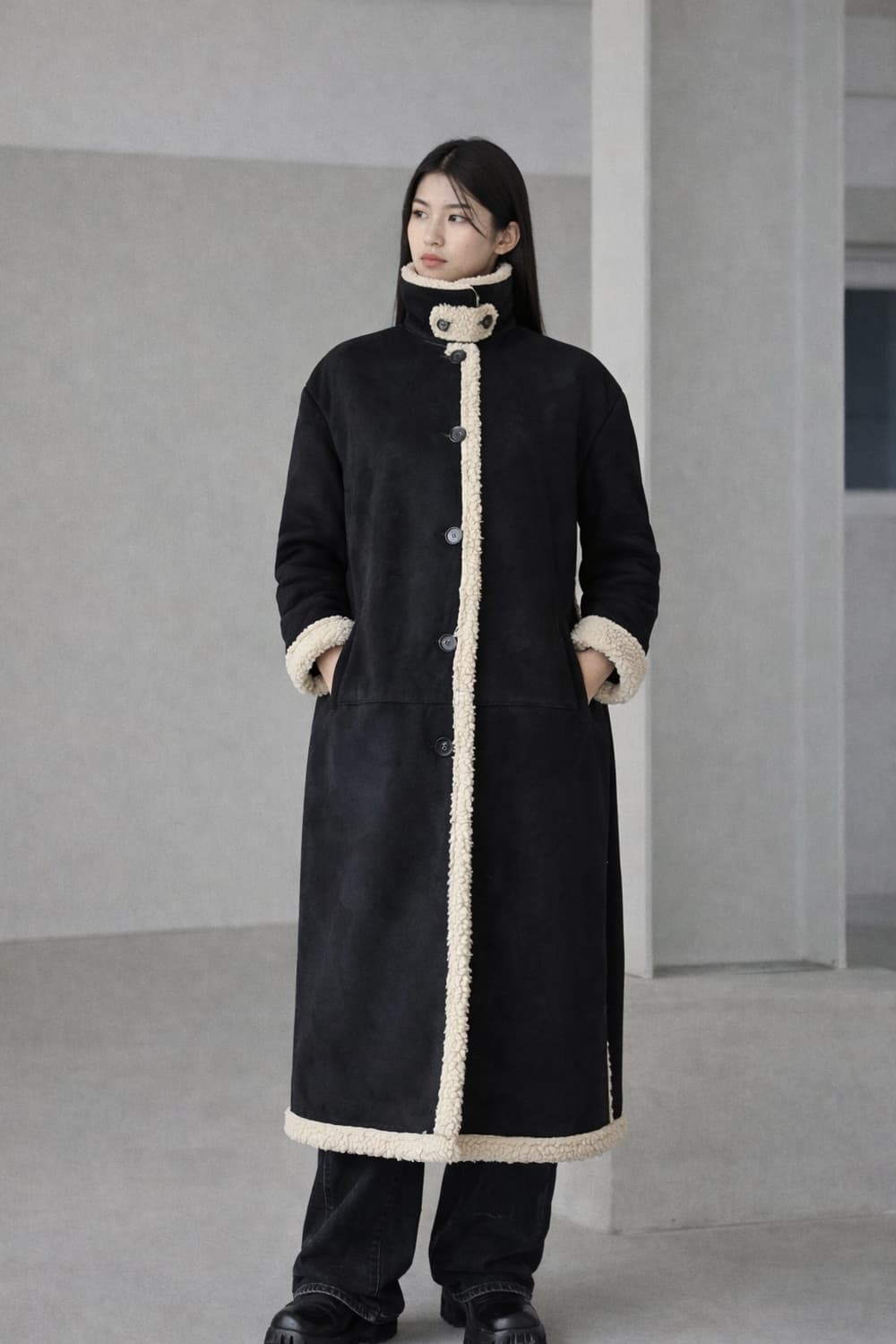 청담동 편집샵 블랙 롱 에코퍼 무스탕 코트 FREE 상품이미지2