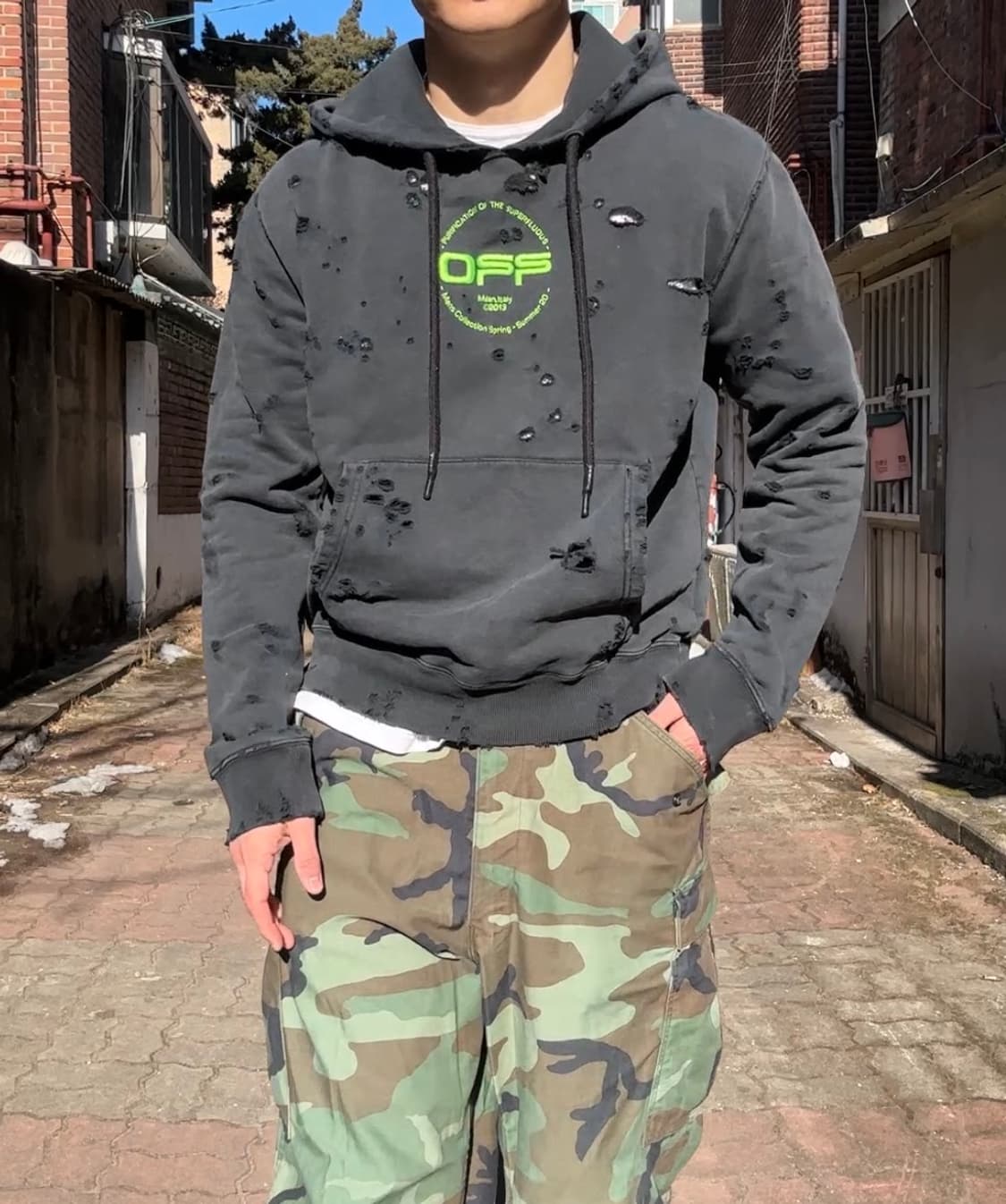 20ss 오프화이트 디스트레스드 페이딩 핸드사인 빈티지 후드 상품이미지4