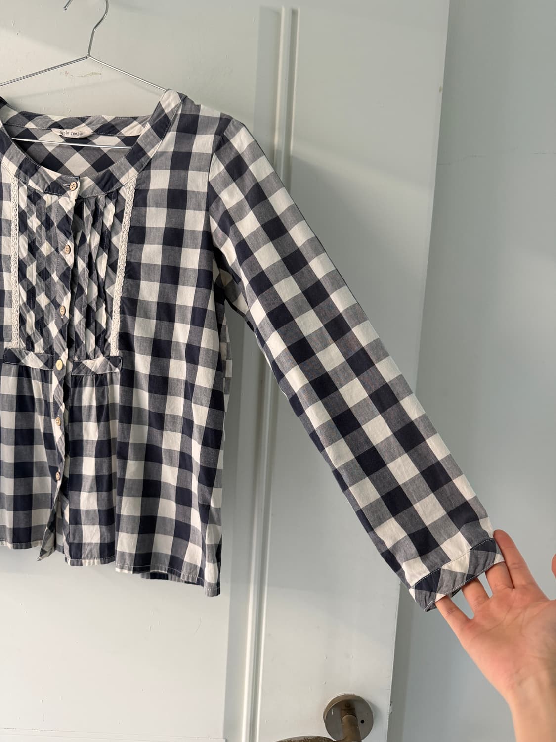 일본빈티지 네이비 체크 레이스 블라우스 상품이미지7