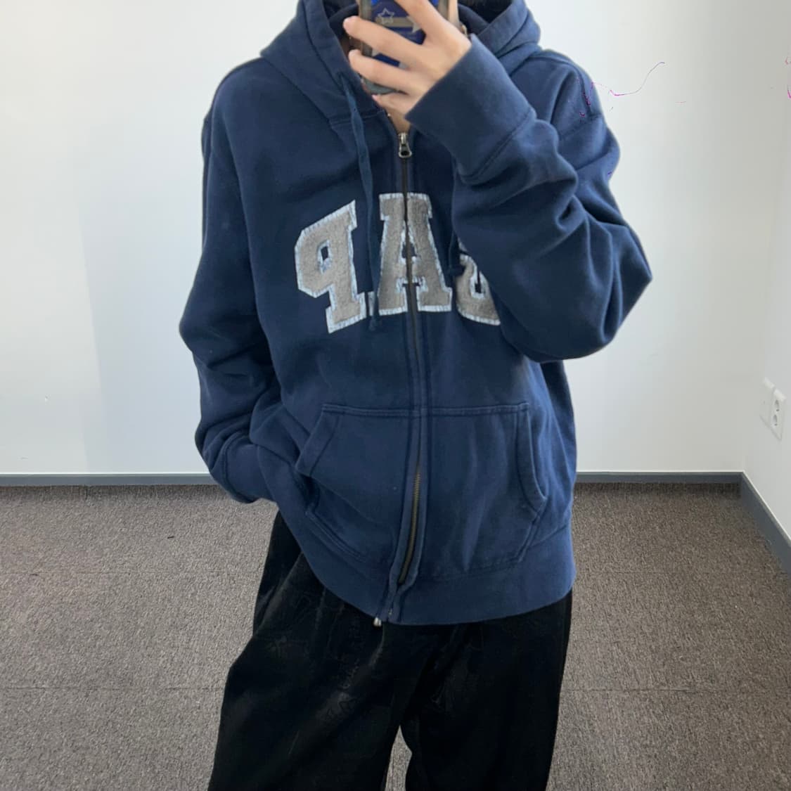 Gap 갭 그레이 후리스 로고 네이비 후드집업 상품이미지1