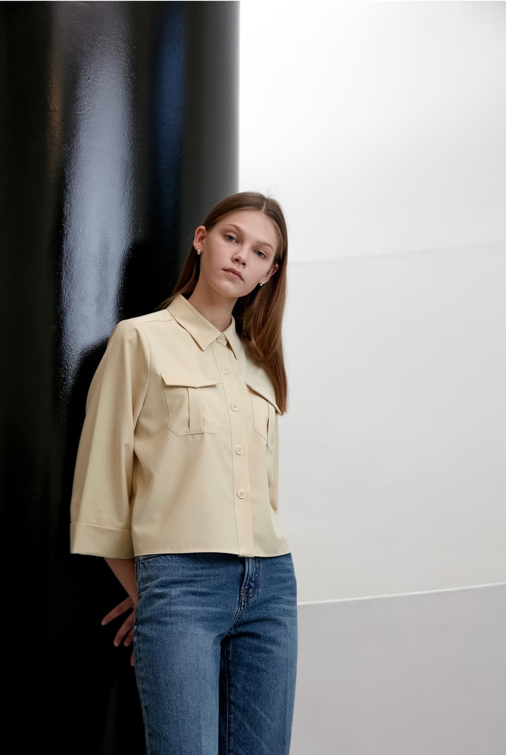 던스트 베이지 포켓 카브라 클래식 크롭 셔츠 블라우스 S 상품이미지3