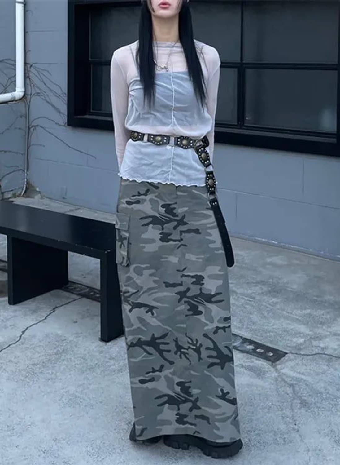 로우라이즈 카모 맥시 밀리터리 스커트 상품이미지1