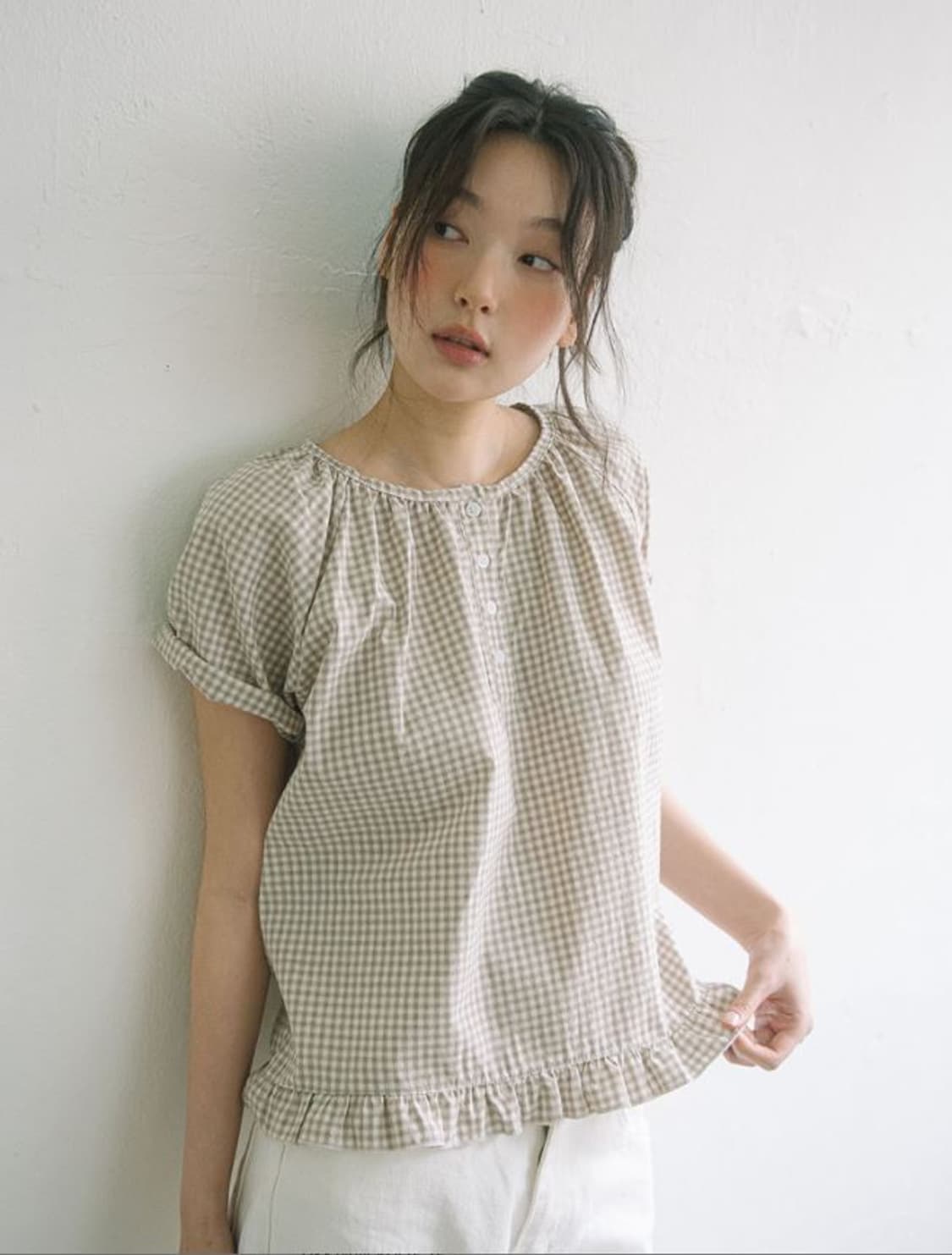 해비즘 체크 헨리넥 블라우스 상품이미지1