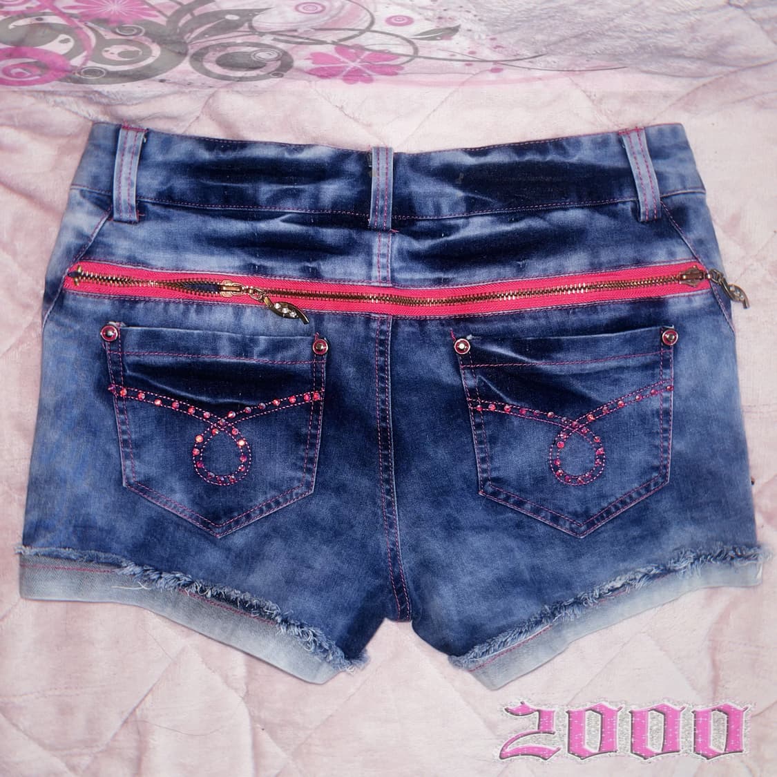 00‘s 갸루 와투케 대장템 핫핑크 지퍼 워싱 데님 숏팬츠 상품이미지2