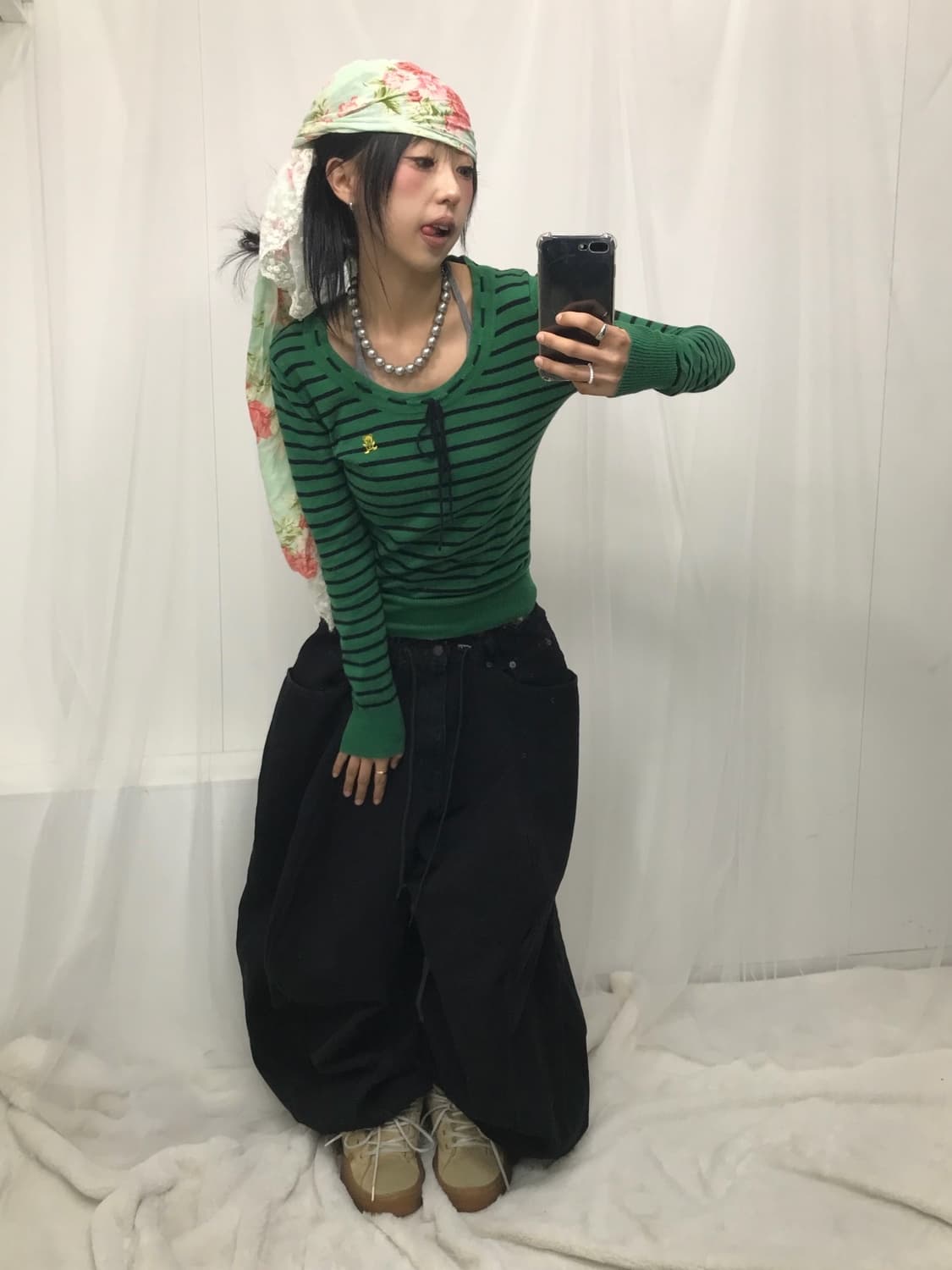 히스테릭글래머 퍽베어 스트라이프 리본 디테일 얇니트 상품이미지7