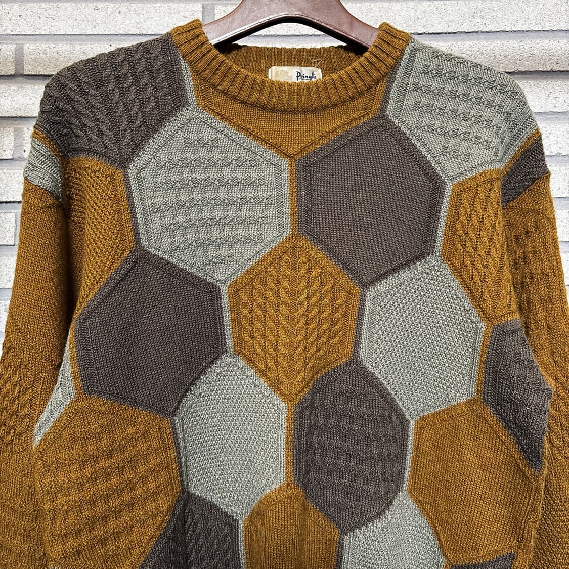 JPN VINTAGE 허니콤 패턴 자카드 울니트 믹스위빙 디테일 머스타드 상품이미지4
