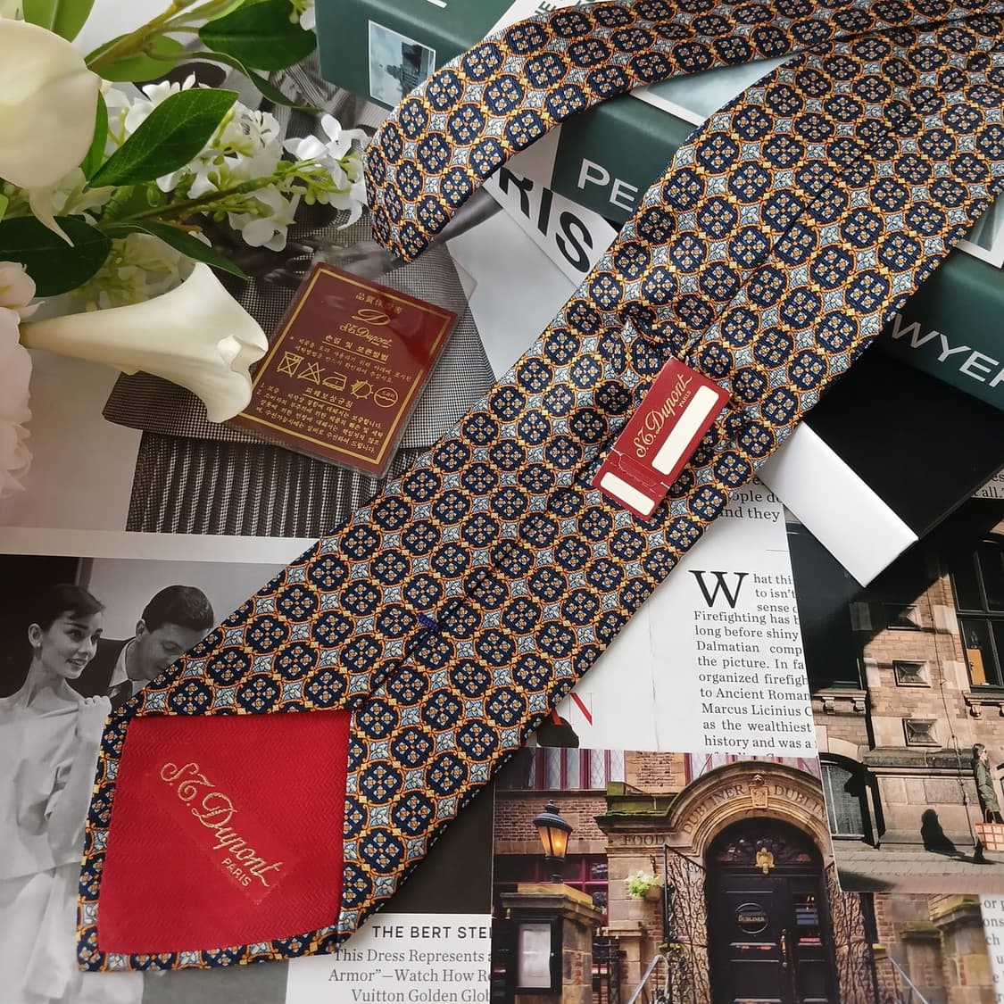 에스.티. 듀퐁 실크 메달리온 패턴 넥타이 9.3cm 새제품 E759 상품이미지6