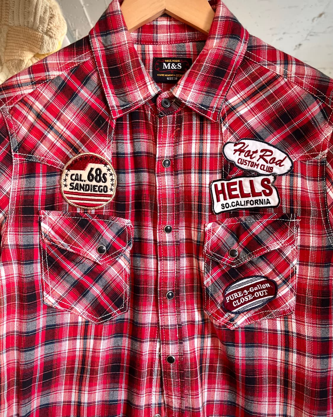 90-00s M&S Japan Punk Patch Check Shirt 상품이미지4