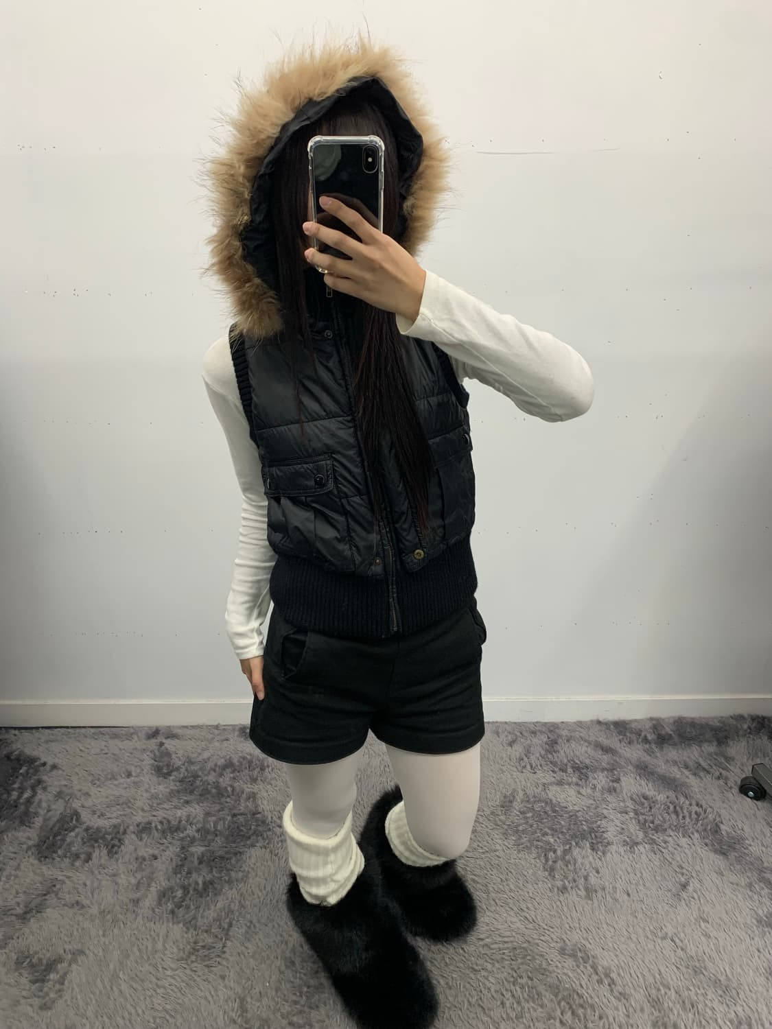 Y2k 블랙 퍼 다운 베스트 상품이미지4