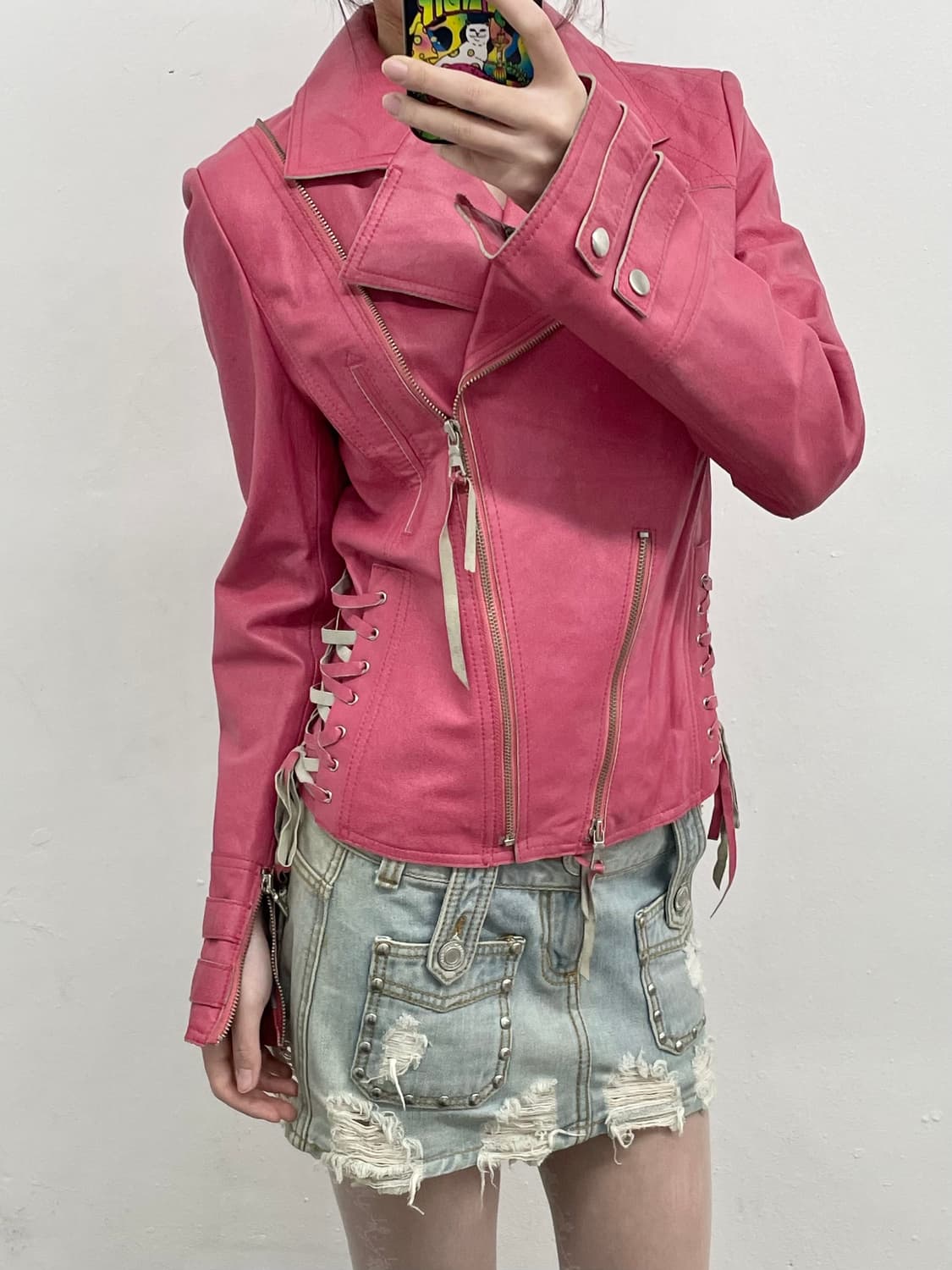 핑크 레더 아일렛 라이더 자켓 상품이미지2