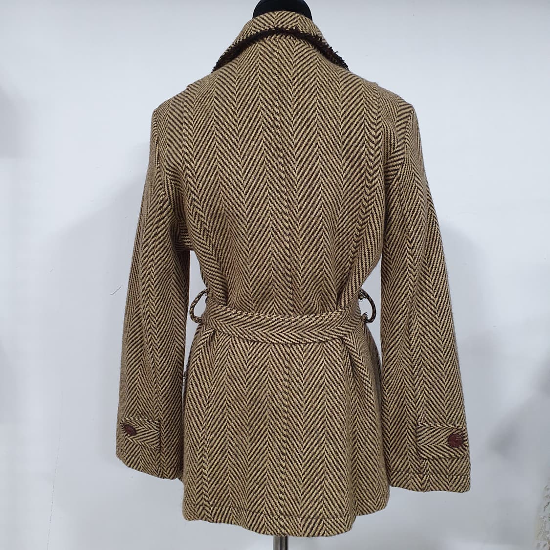 빈티지 너드 그런지 수술 디테일 모직 헤링본 벨티드 자켓 모리걸 레트로 상품이미지3