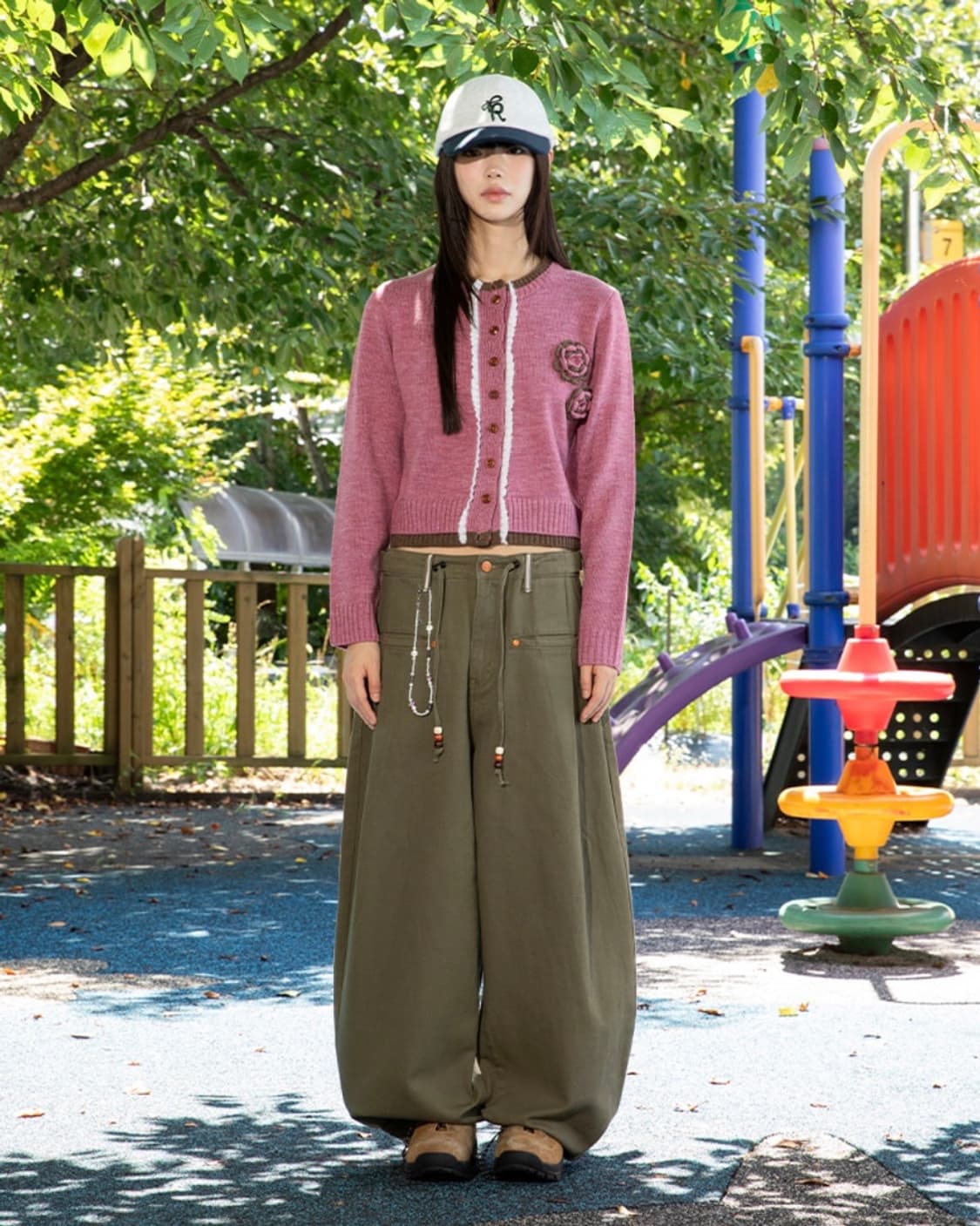 루나키후 복숭아 꽃 크로셰 배색 니트 가디건 상품이미지3