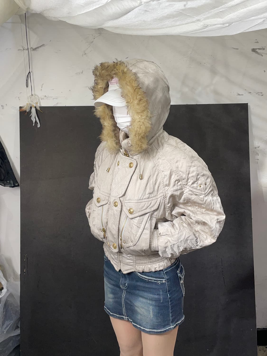 일본빈티지 울프죠 퍼 후드 자켓 크롭 패딩 L 상품이미지1