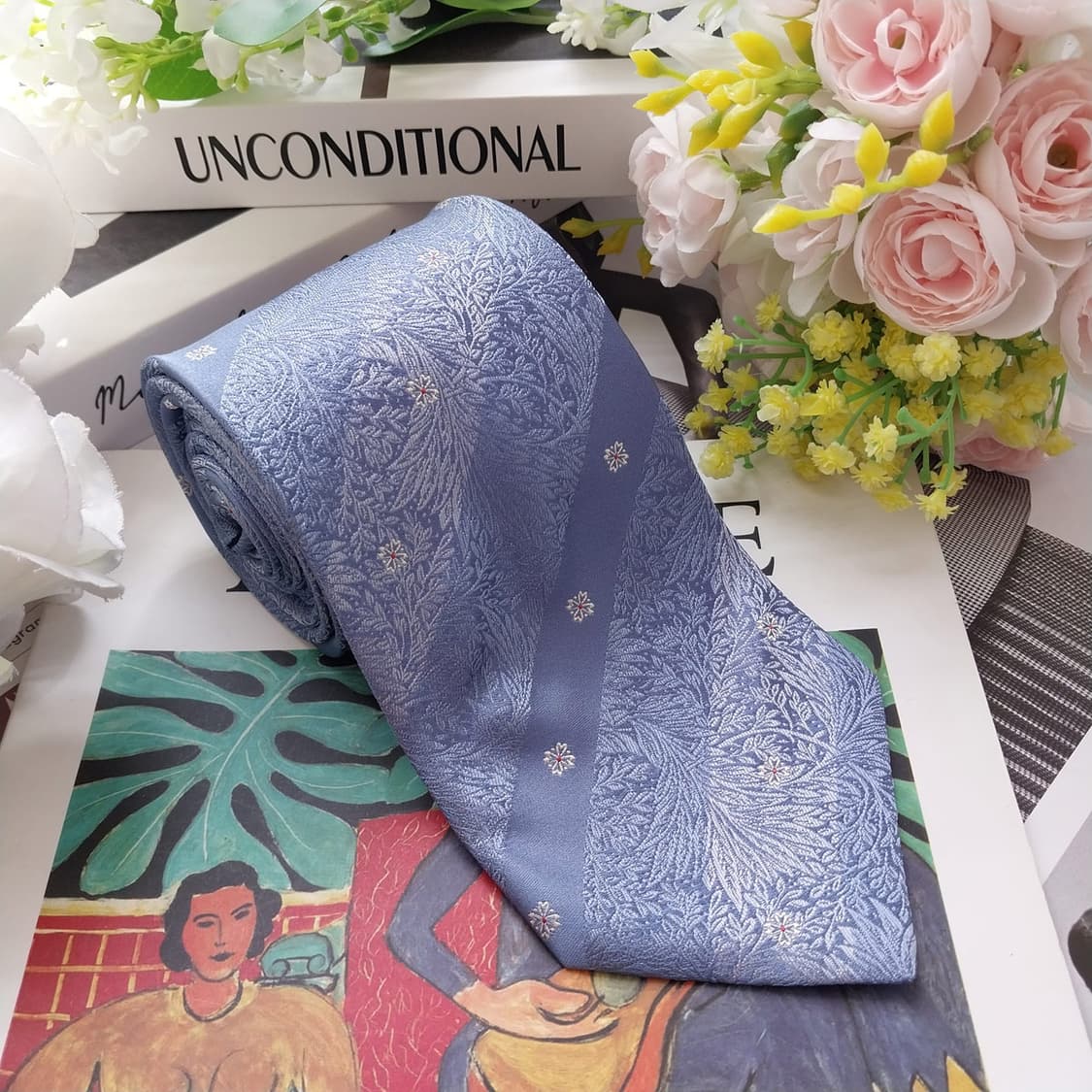 니나리치 실크 블루 플라워 자카드 넥타이 9.3cm A+등급 K2524 상품이미지4