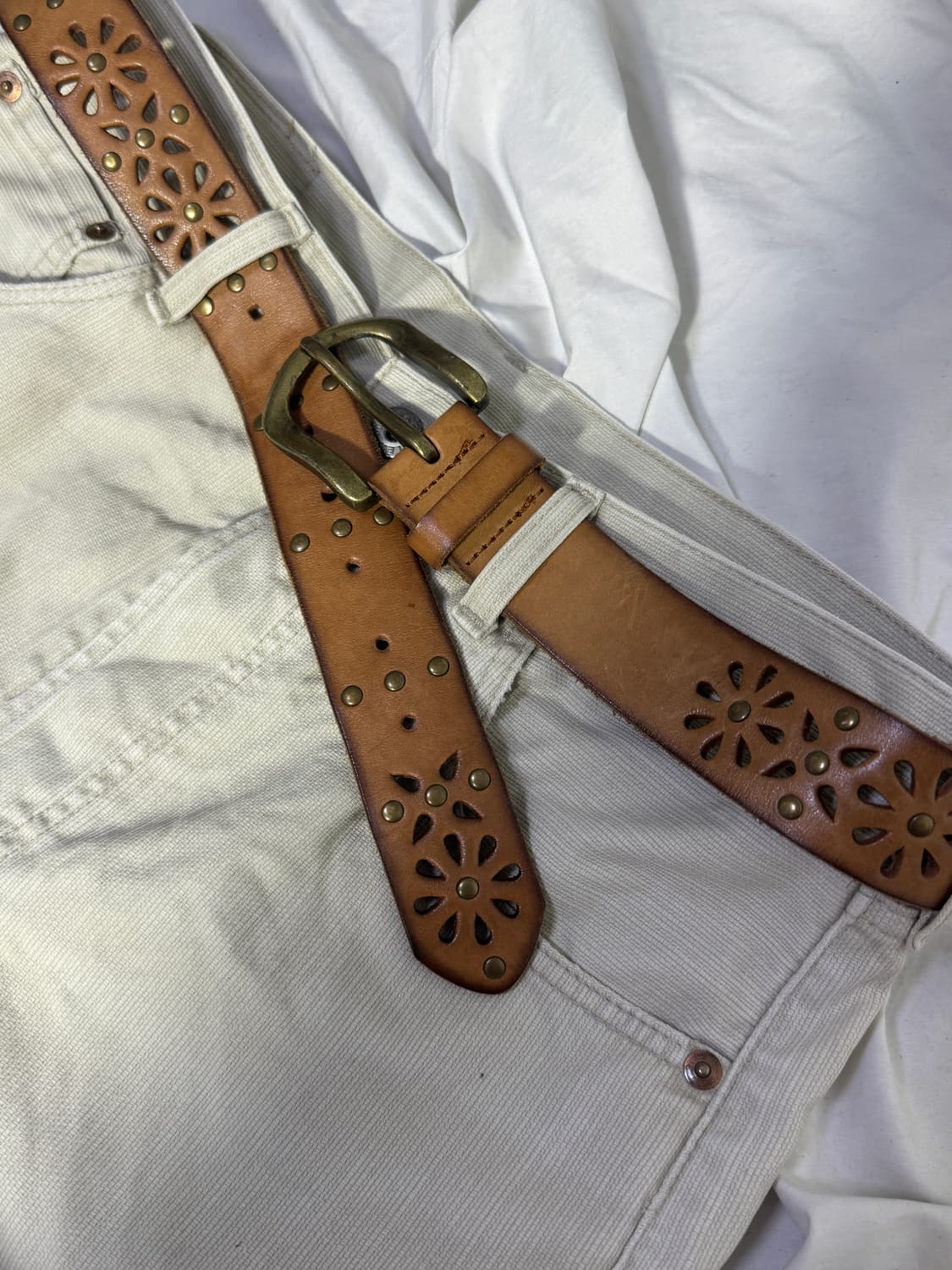 빈티지 플라워 펀칭 웨스턴 레더 벨트 네이티브 아메리칸 상품이미지3