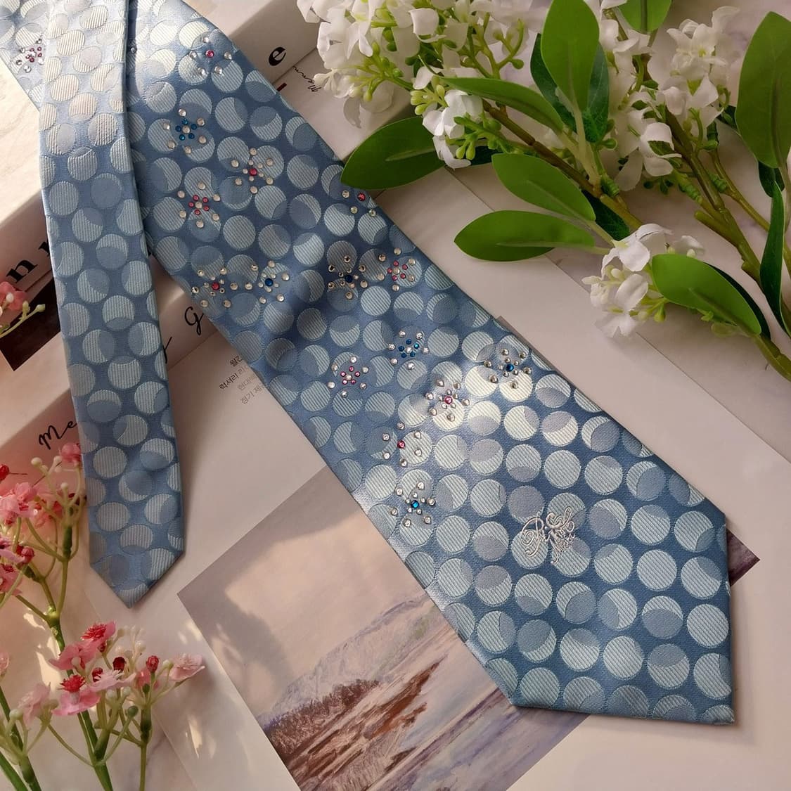 니나리치 실크 블루 도트 패턴 넥타이 9cm A+등급 K1930 상품이미지2