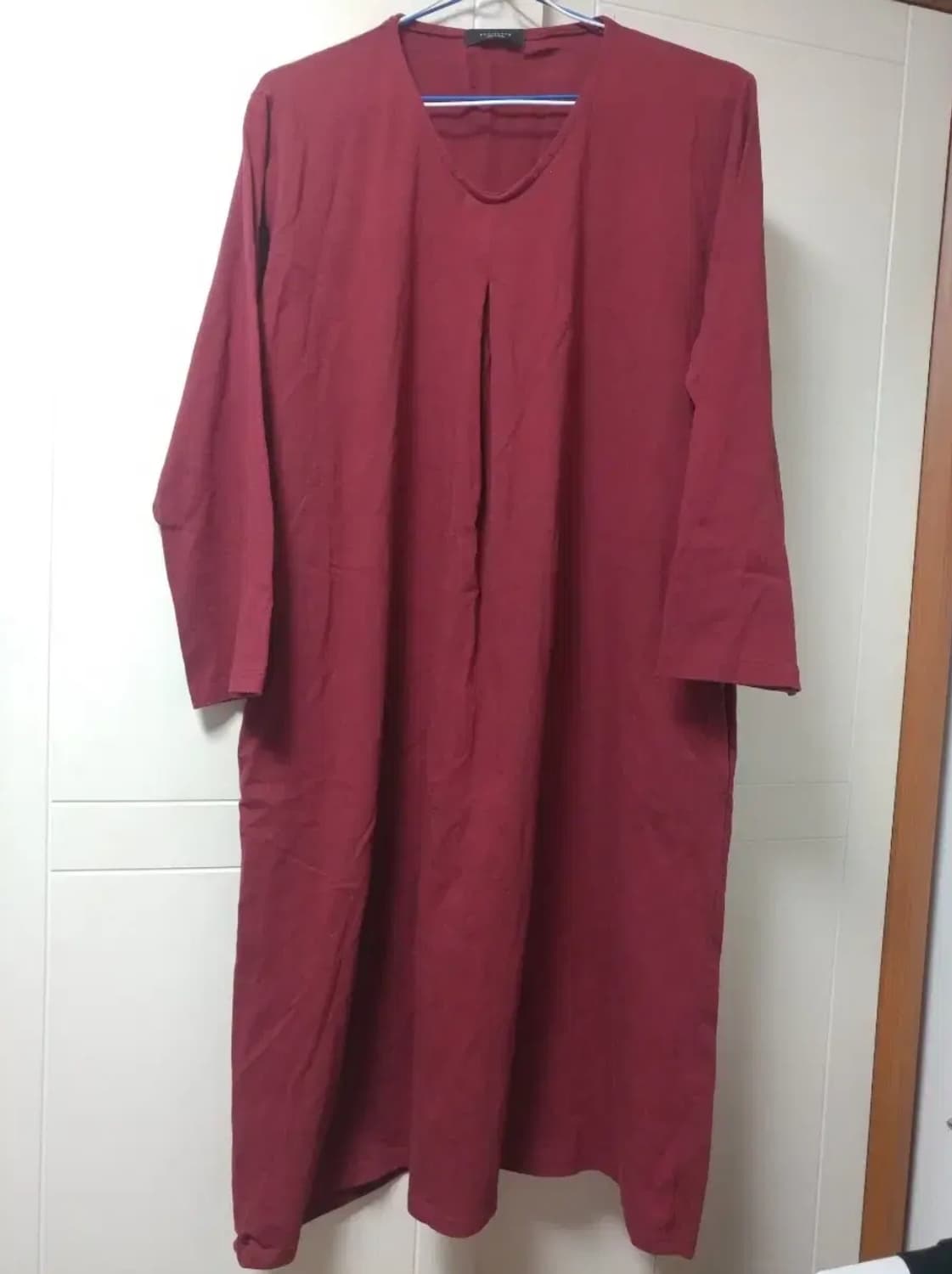 브이넥 롱 면 미디 박스 원피스 레드 F 44 55 66 77 상품이미지1