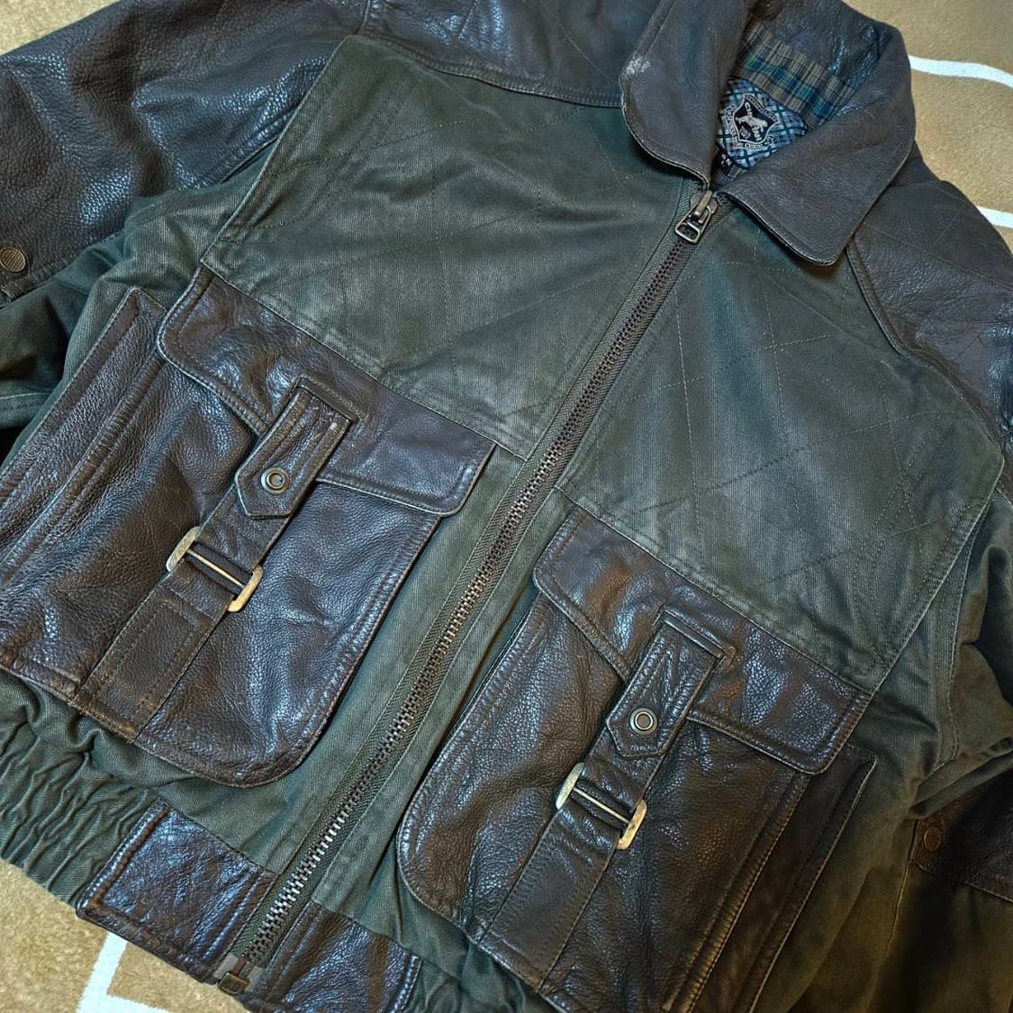 CHEETAN 90's Vintage 벨트 포켓 가죽 블럭 자켓 상품이미지3