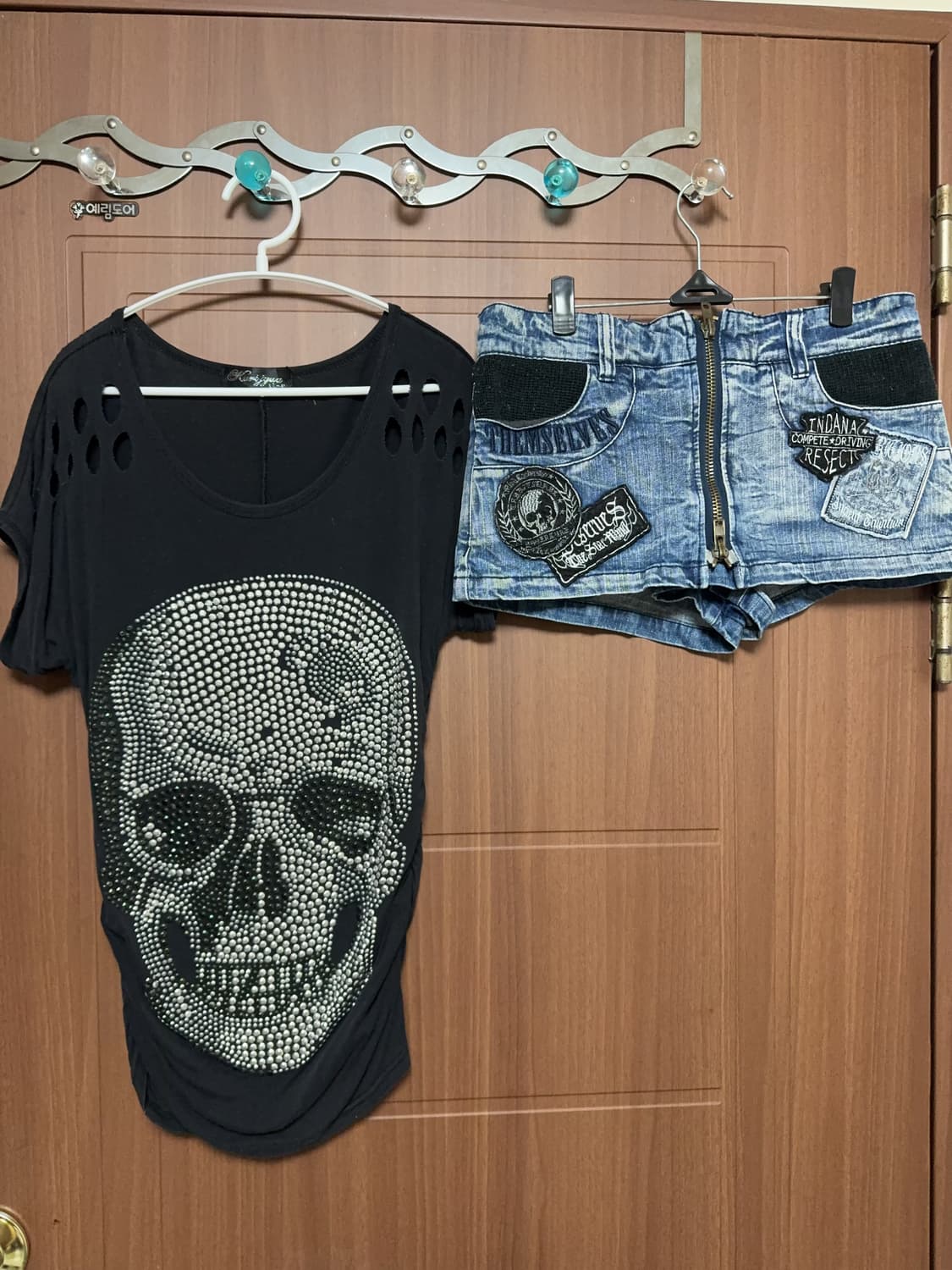 오네갸루 일본 빈티지 락 펑크 y2k 해골 큐빅 티셔츠 데님 와펜 스커트 상품이미지2