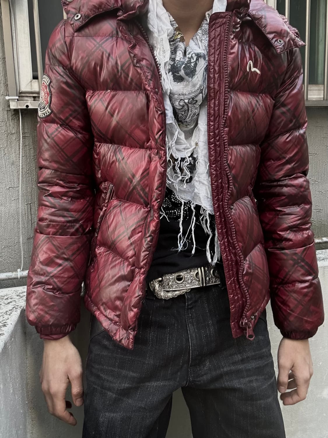 2000s evisu 락시크 체크 버건디 숏 패딩 상품이미지2