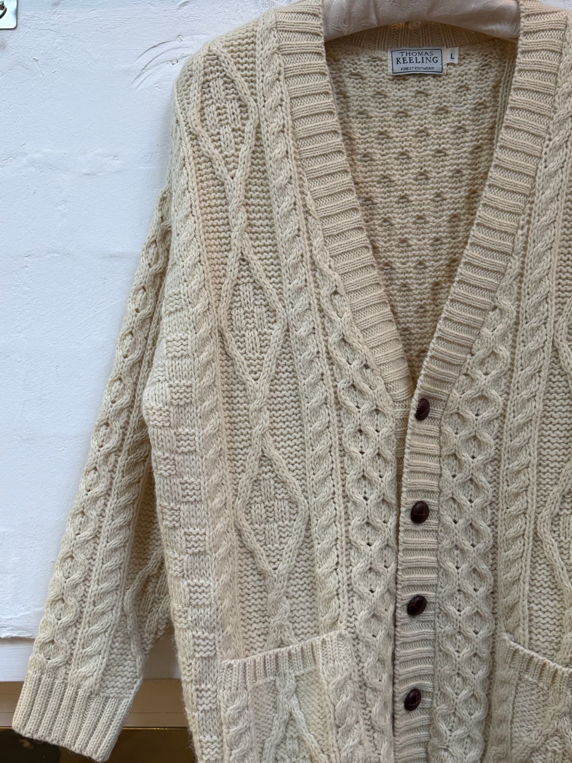 Thomas Keeling 아이보리 퓨어 뉴 울 가디건 스웨터 L 상품이미지3