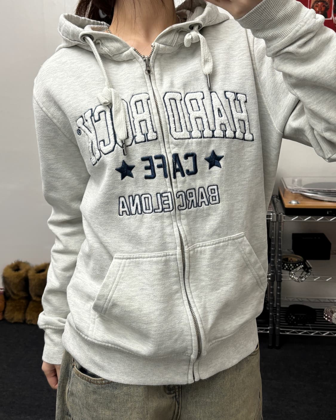 하드락카페 아플리케 로고 멜란지 후드집업 상품이미지3