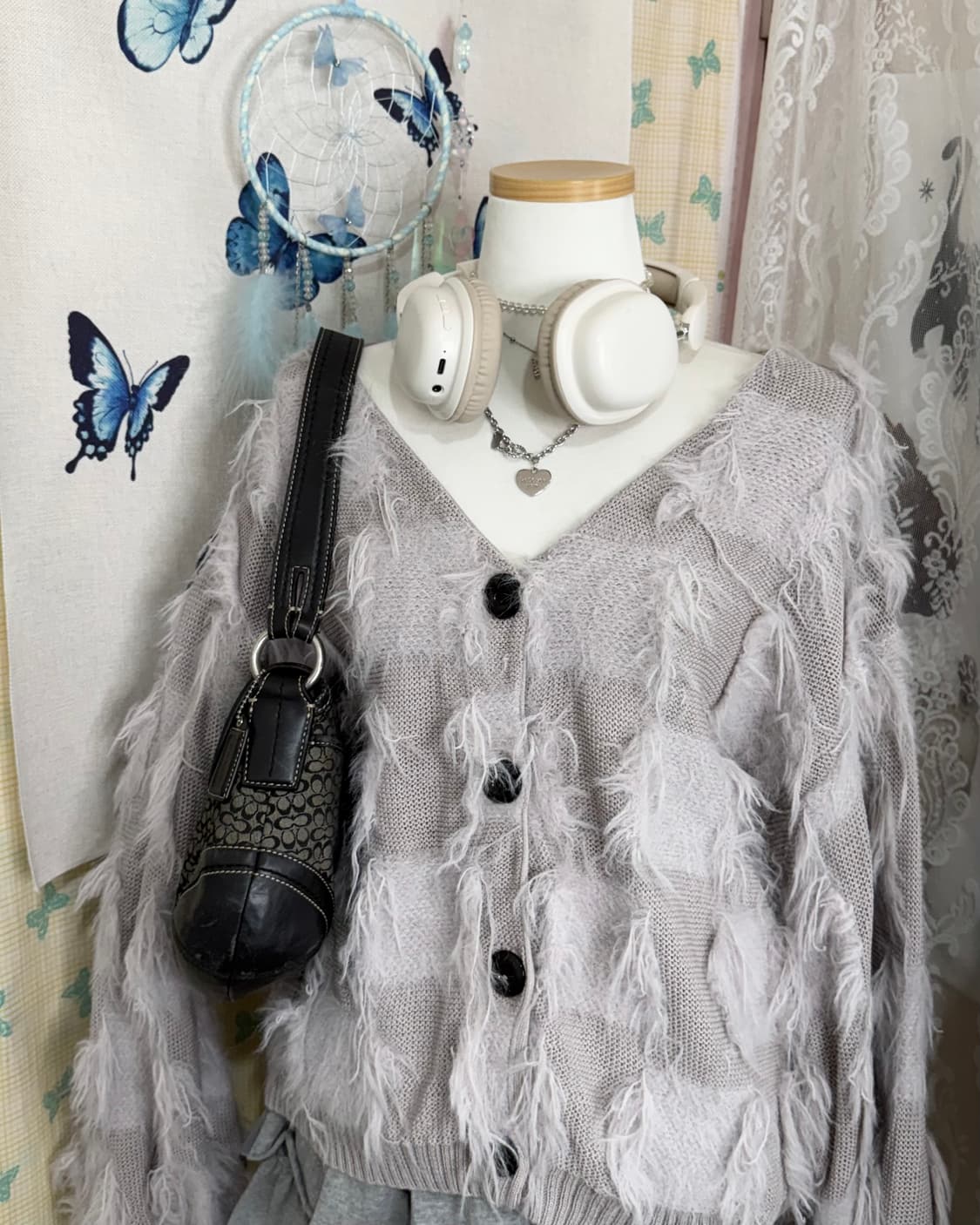 그레이 퍼 체크 브이넥 가디건 상품이미지3