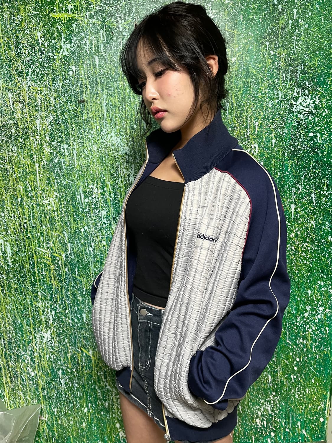 80s 아디다스 퀼팅 패딩 져지 집업 스카이블루 네이비 자켓 XL 상품이미지1