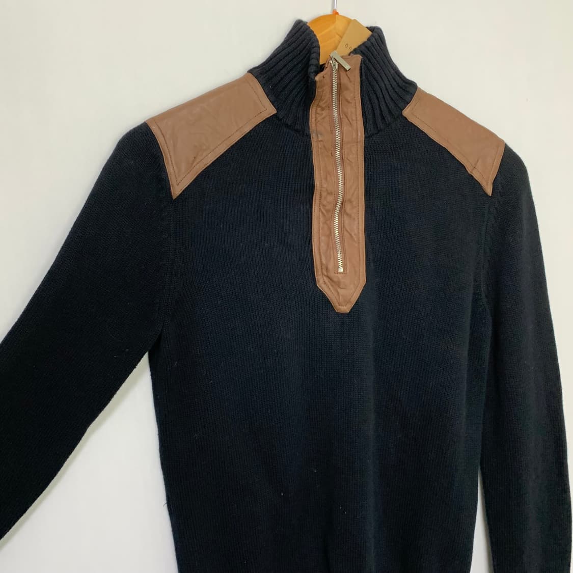 로렌랄프로렌 블랙/브라운 레더 패치 하프집업 반집업 니트 M 상품이미지3