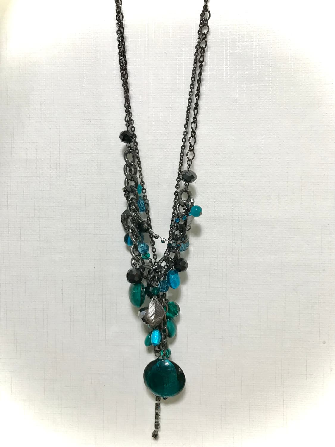 빈티지 딥터콰이즈 청록 비즈 롱 드롭 두줄 체인 목걸이 상품이미지5