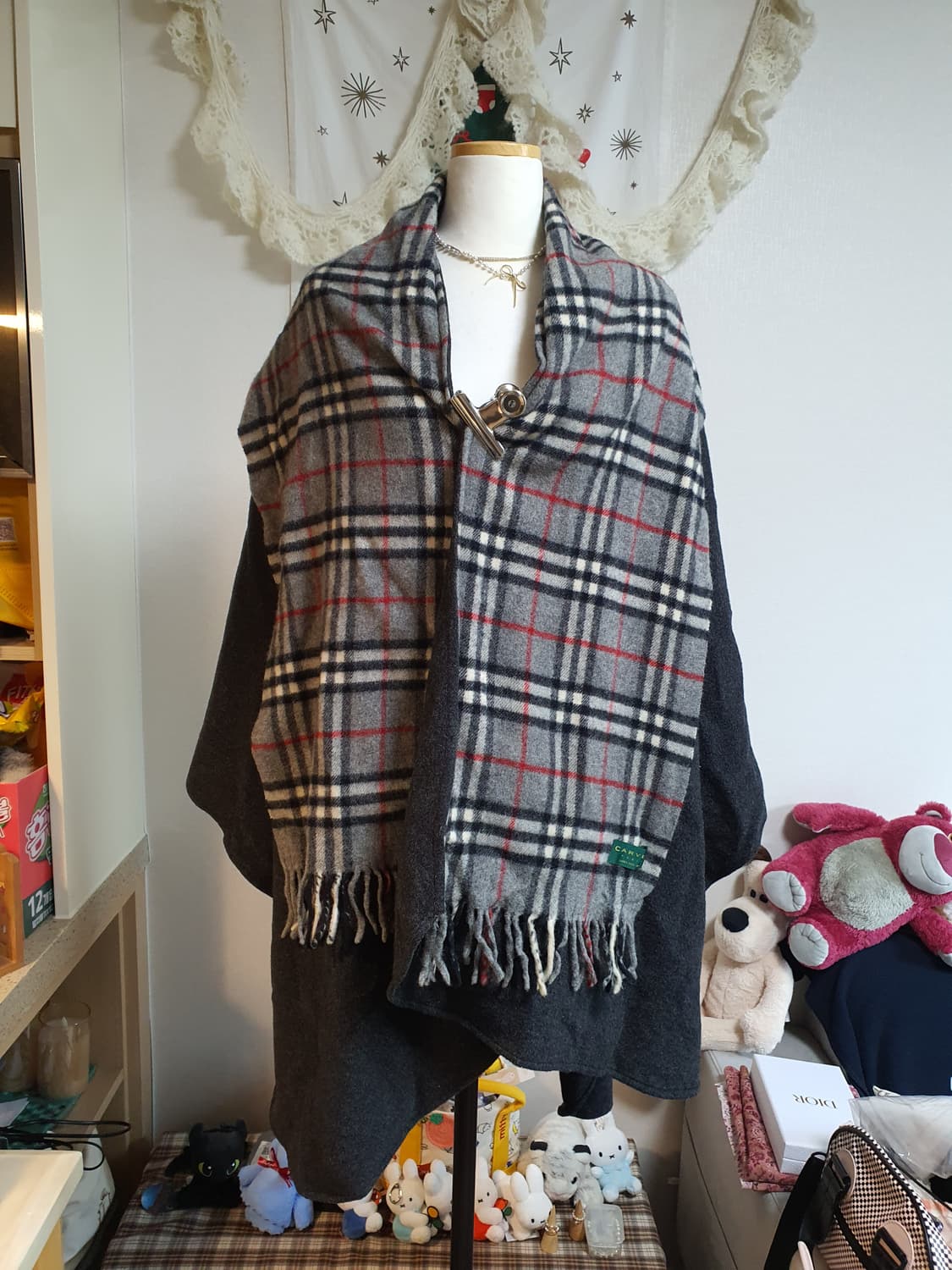 [빈티지] CARVEN 체크 울 머플러 숄 양털 상품이미지1