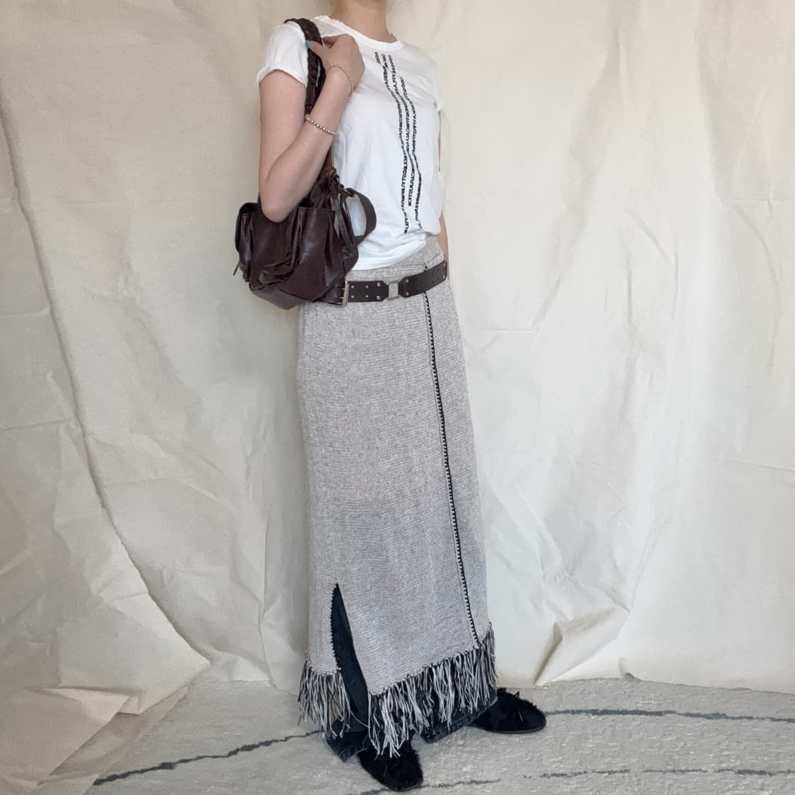 Fringe Hem Knit Midi Skirt 상품이미지4