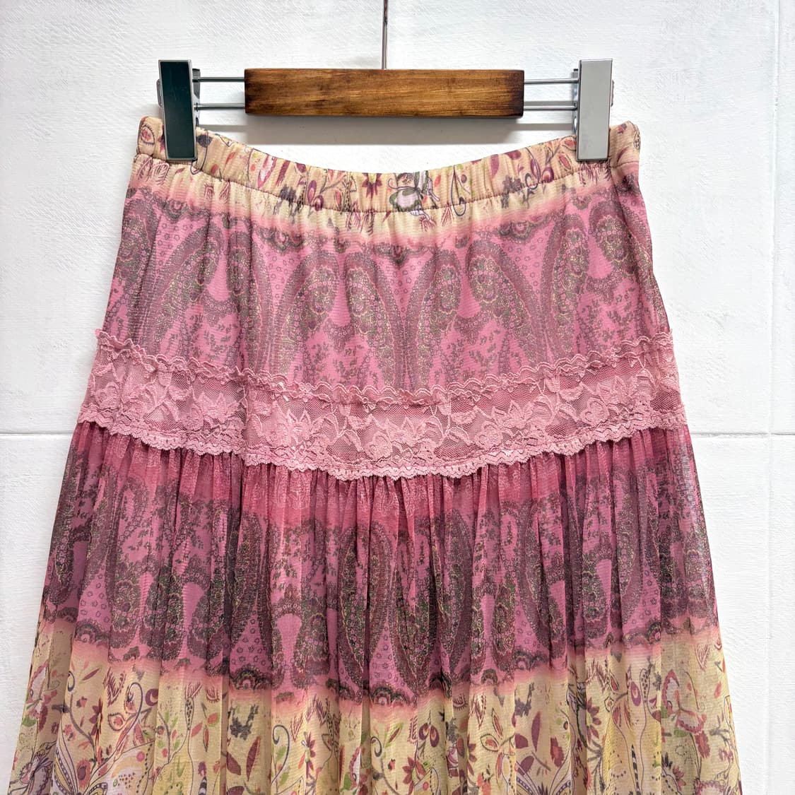 쉬폰 핑크 패턴 에스닉 레이스 롱 스커트 F JPN 상품이미지2