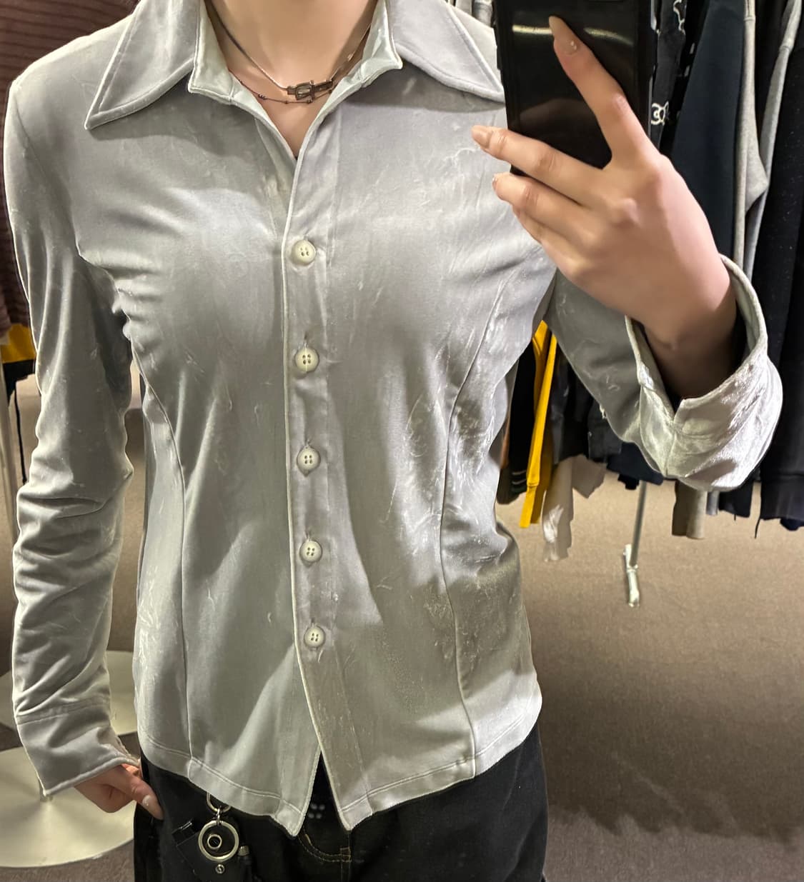 OS)Christian Aujard 빈티지 여성 그레이 벨벳 브이넥 셔츠 상품이미지2