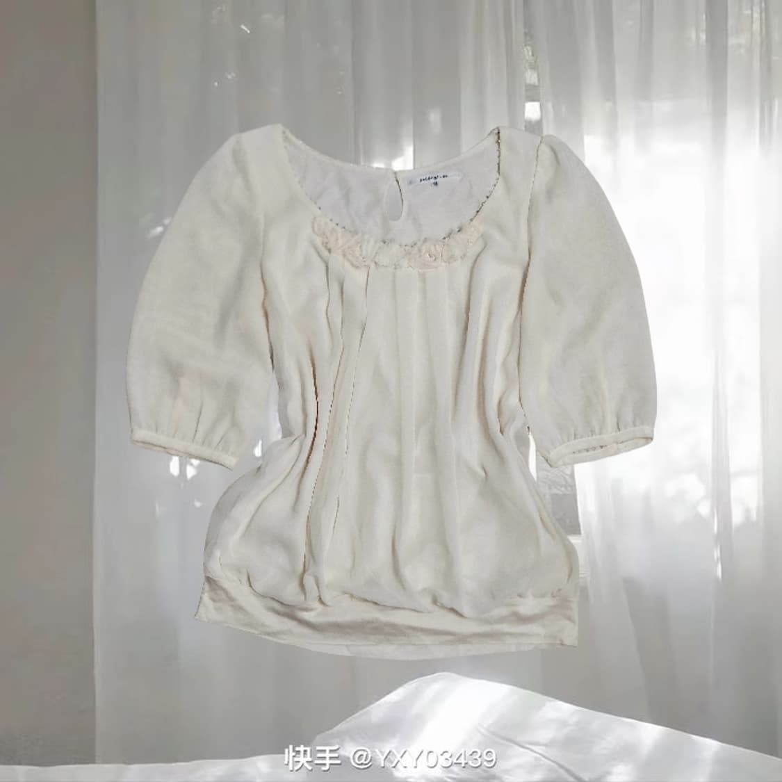 일본빈티지 달천깔 페어리 히메 아이보리 플라워 비즈 반팔 블라우스 상품이미지1