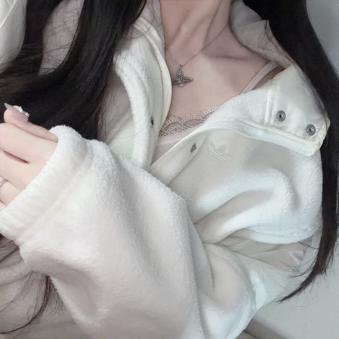 아디다스 아이보리 눈꽃 아방 후리스 자켓 s 🐰🤍 상품이미지3