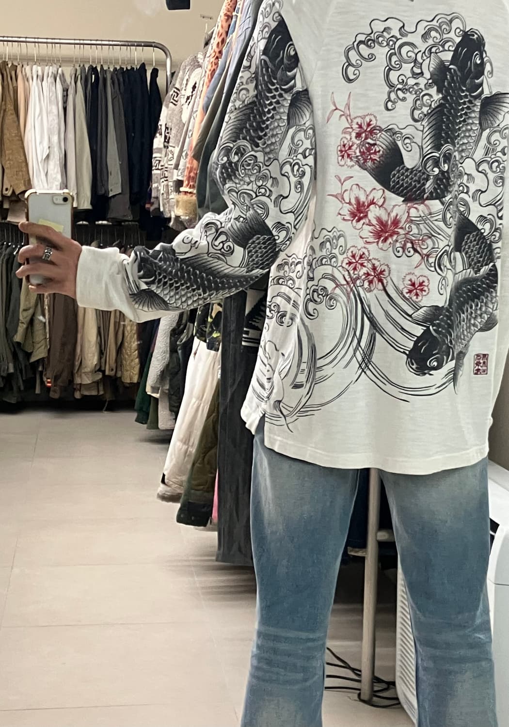 카라쿠리타마시 오리엔탈 잉어 자수 화이트 코튼 가디건 XL 상품이미지10