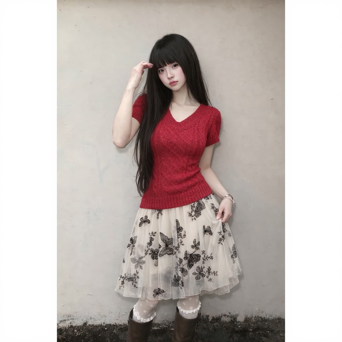 Red Top + Flower Skirt Cody Set 상품이미지1