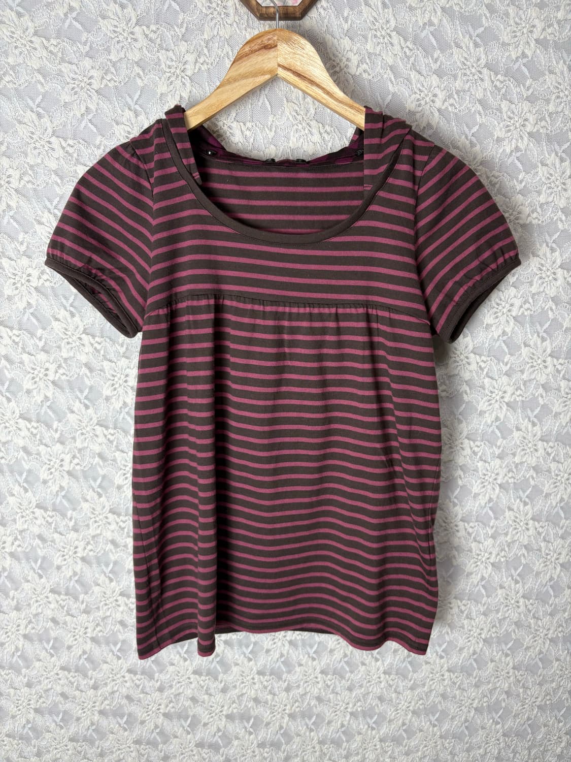 핑크브라운 스트라이프 후드 티셔츠 상품이미지5