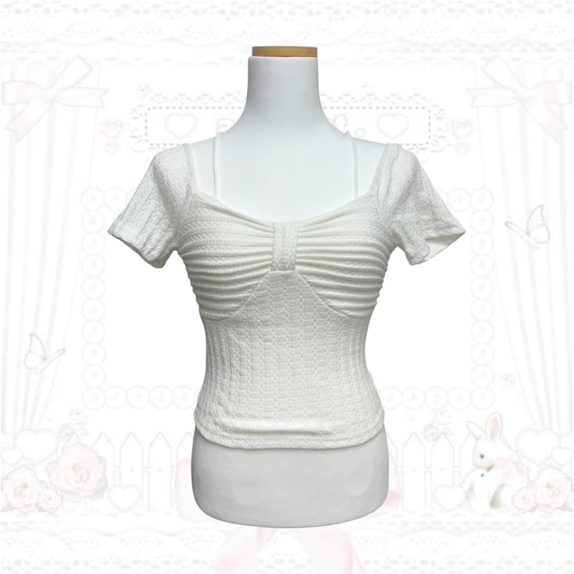 러블리 리본 탑 반팔 오프숄더 상품이미지1