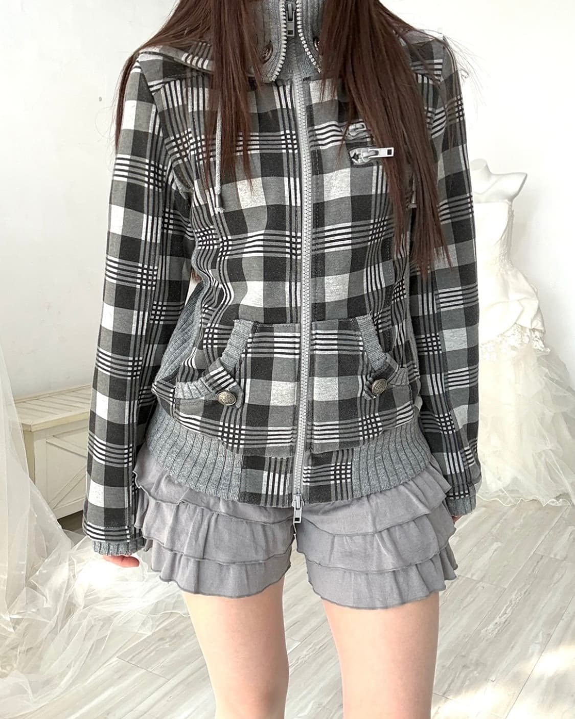Y2k Gray check zip-up 상품이미지8