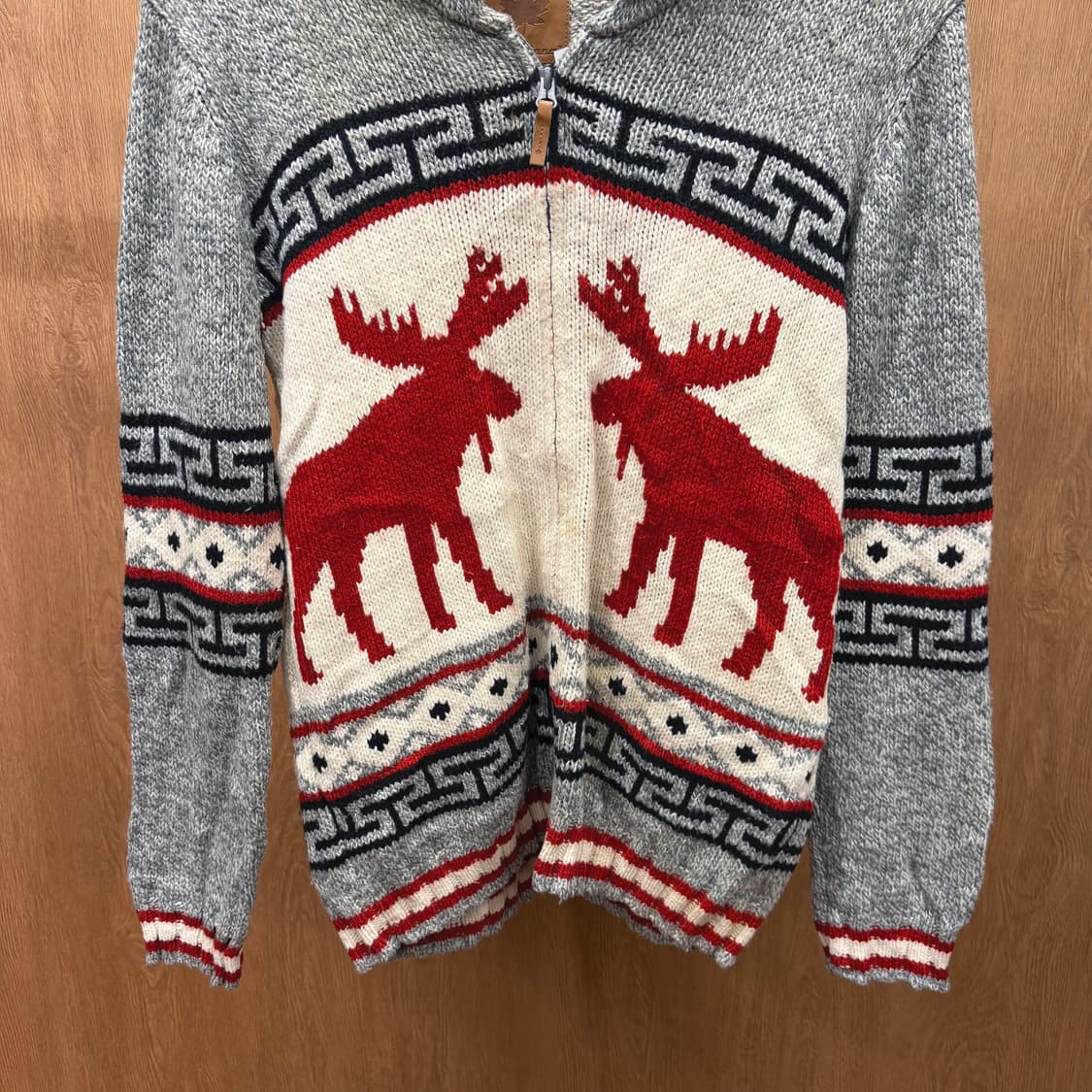 빈티지 니트 집업 가디건 순록 메이플 패턴 디테일 루즈핏 그레이 상품이미지5