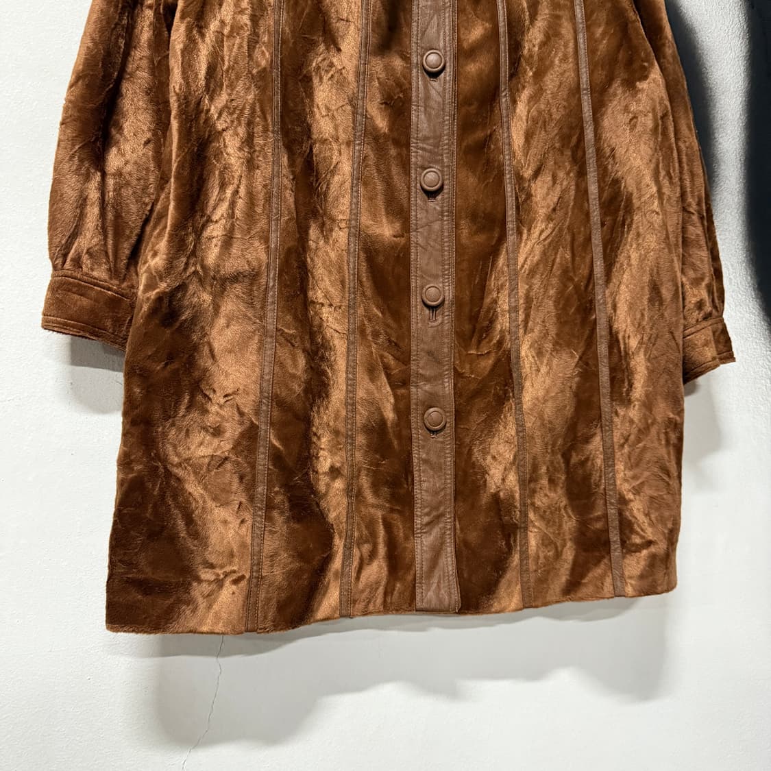 VTG 빈티지 가죽 배색 브라운 벨벳 롱 코트 상품이미지5