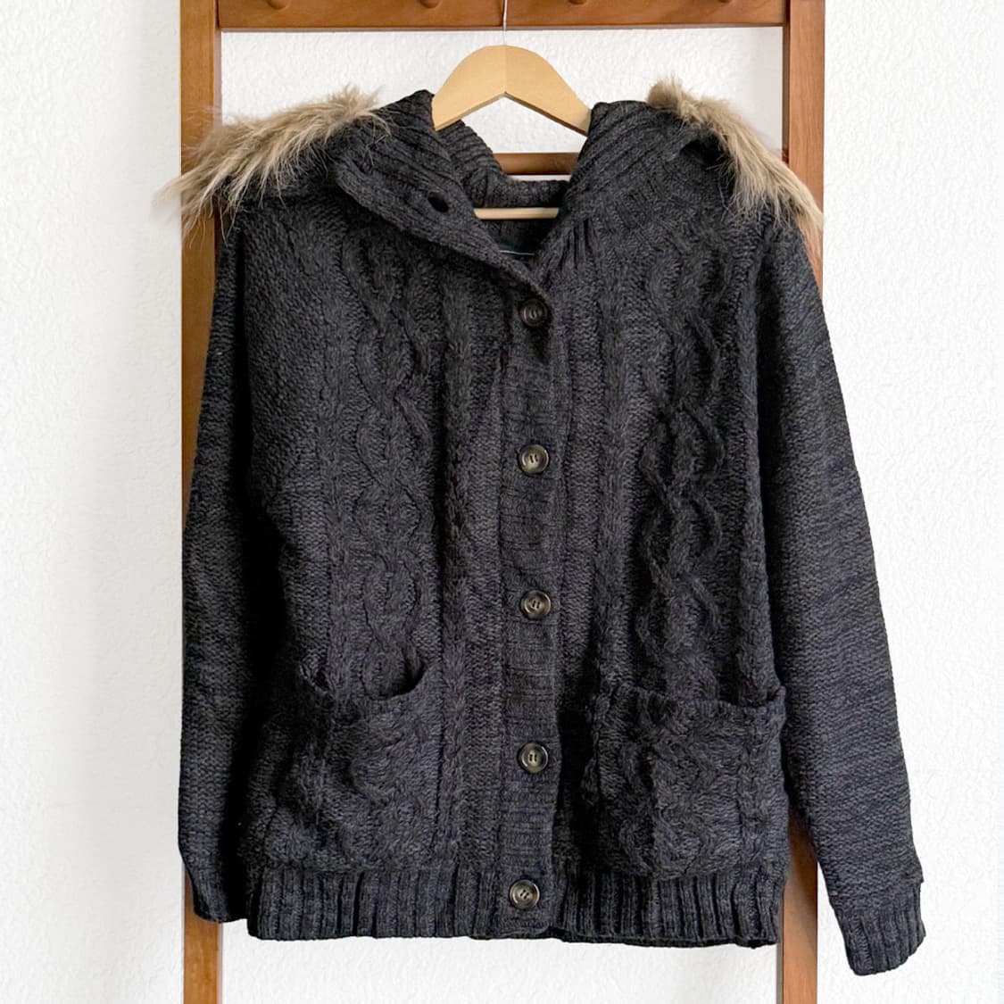 유키모리 퍼후드 케이블 가디건 상품이미지1