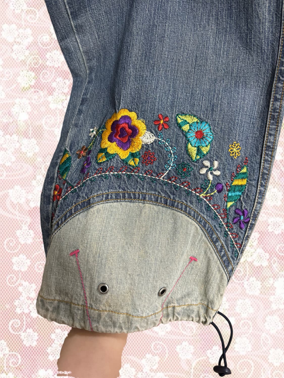 빈티지 히피 하구미 모리걸 자수 와이드 팬츠 상품이미지3