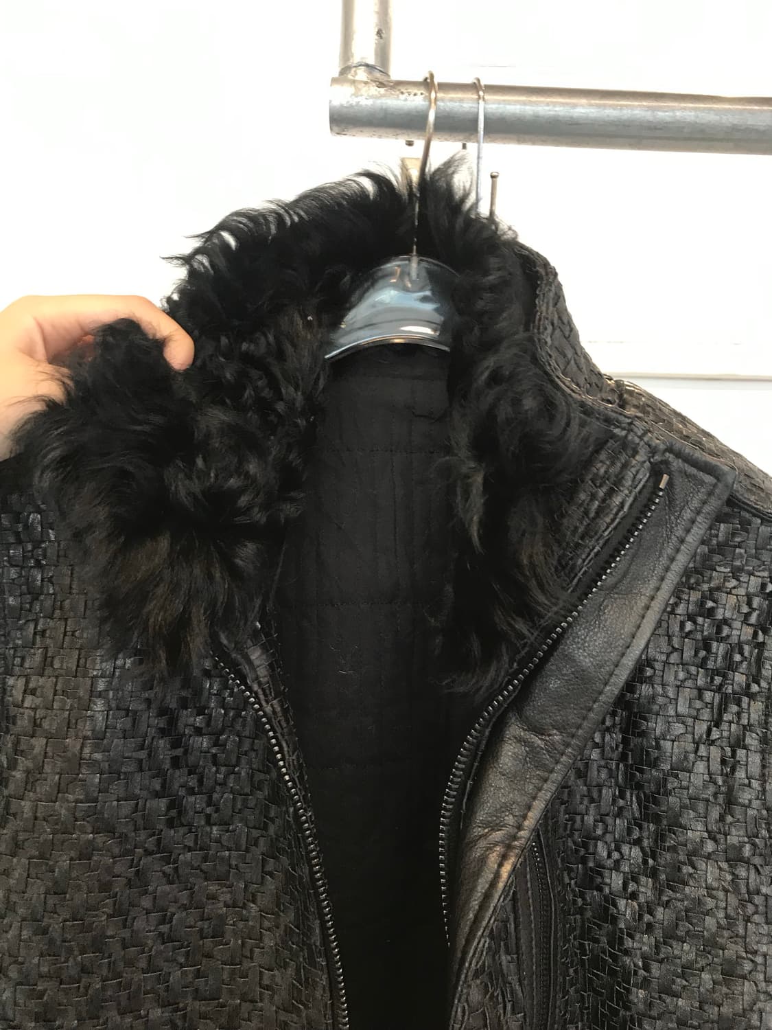 Woven Fur-Collar Leather Moto Jacket 상품이미지5