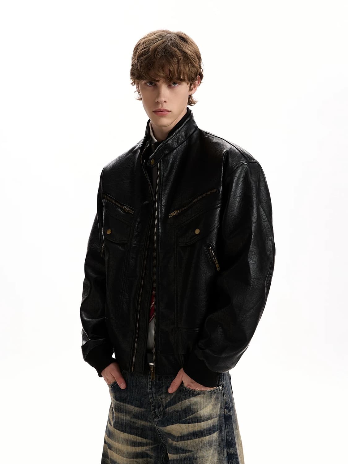 빈티지 레더 하이넥 집업 자켓 상품이미지1