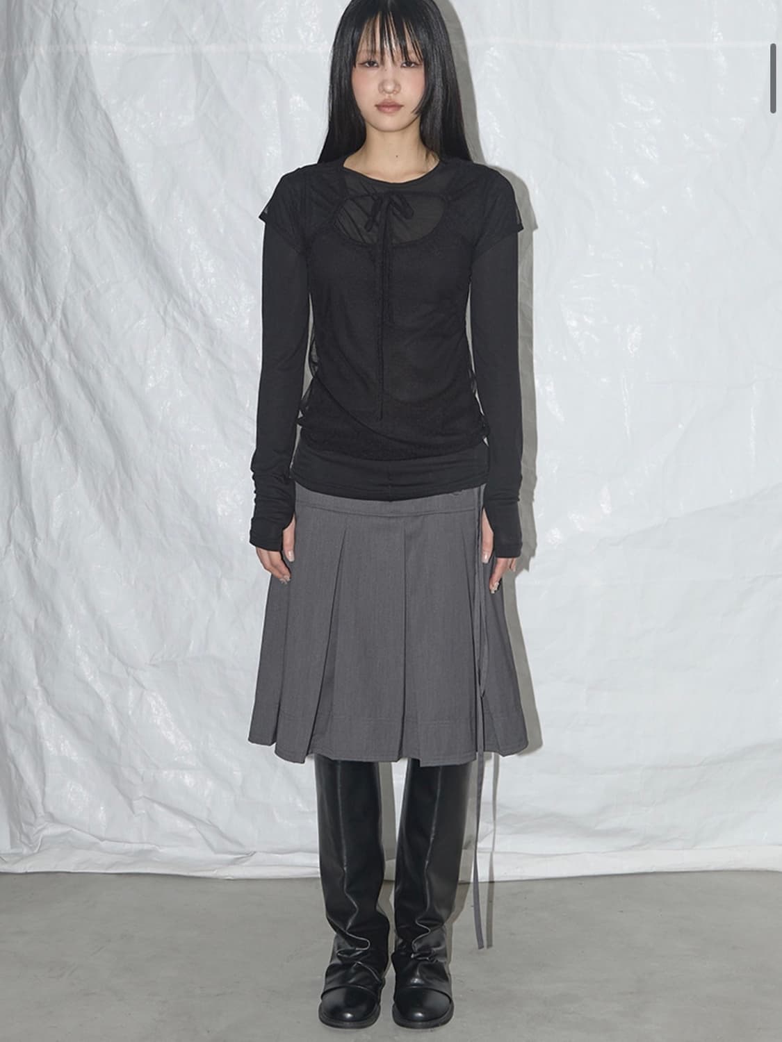 팬시클럽 포멀 버튼 플리츠 미디 스커트 그레이 상품이미지2
