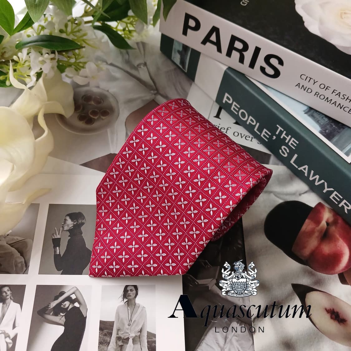 아쿠아스큐텀 실크 레드 패턴 넥타이 9.5cm S~A+등급 E901 상품이미지2