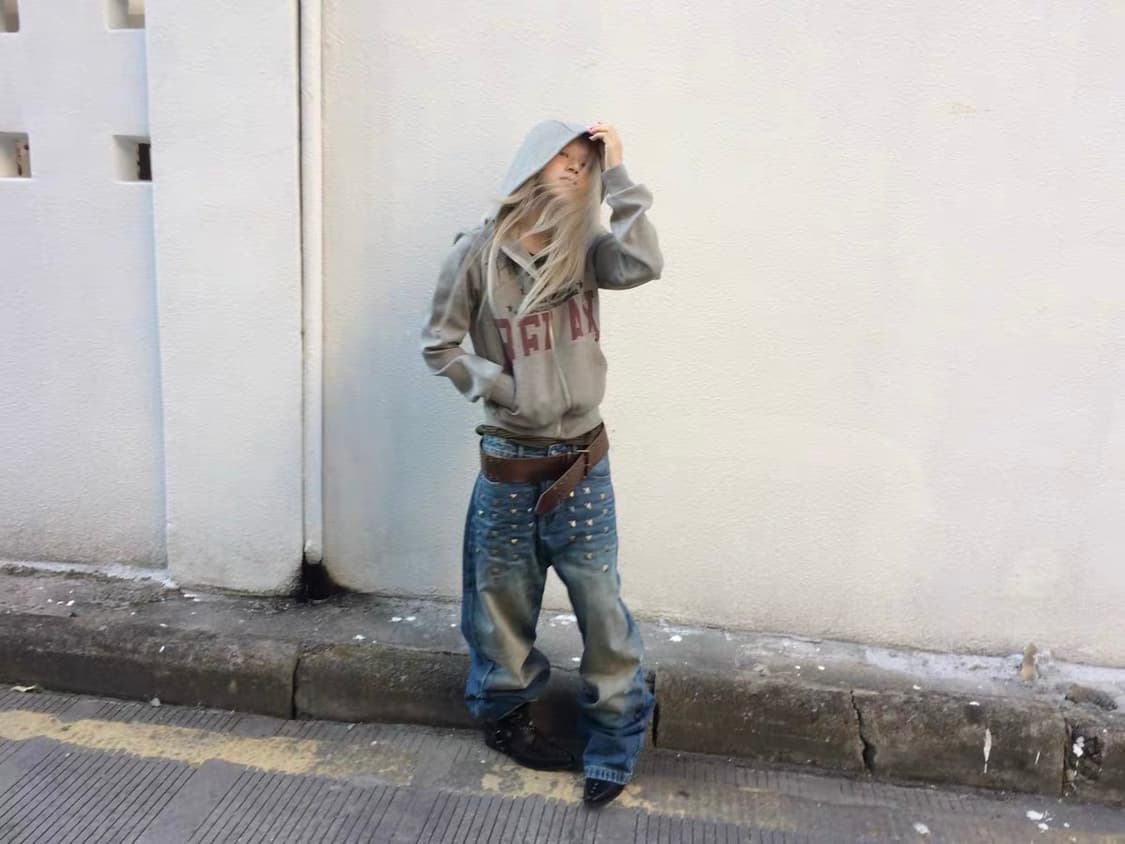 Blue Studded Washed Loose Jeans 상품이미지4